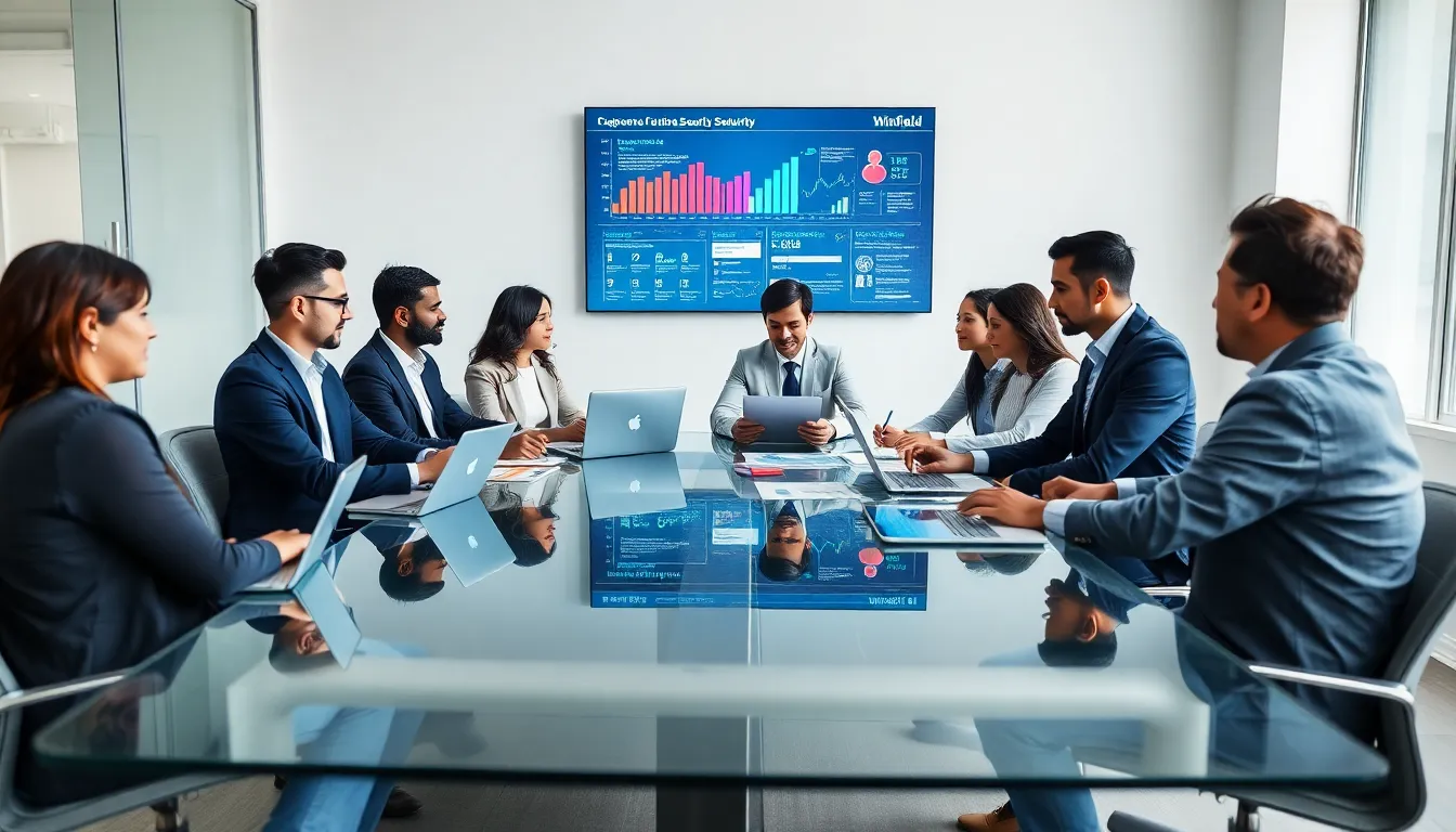 diverse security professionals discussing strategies in a modern office.