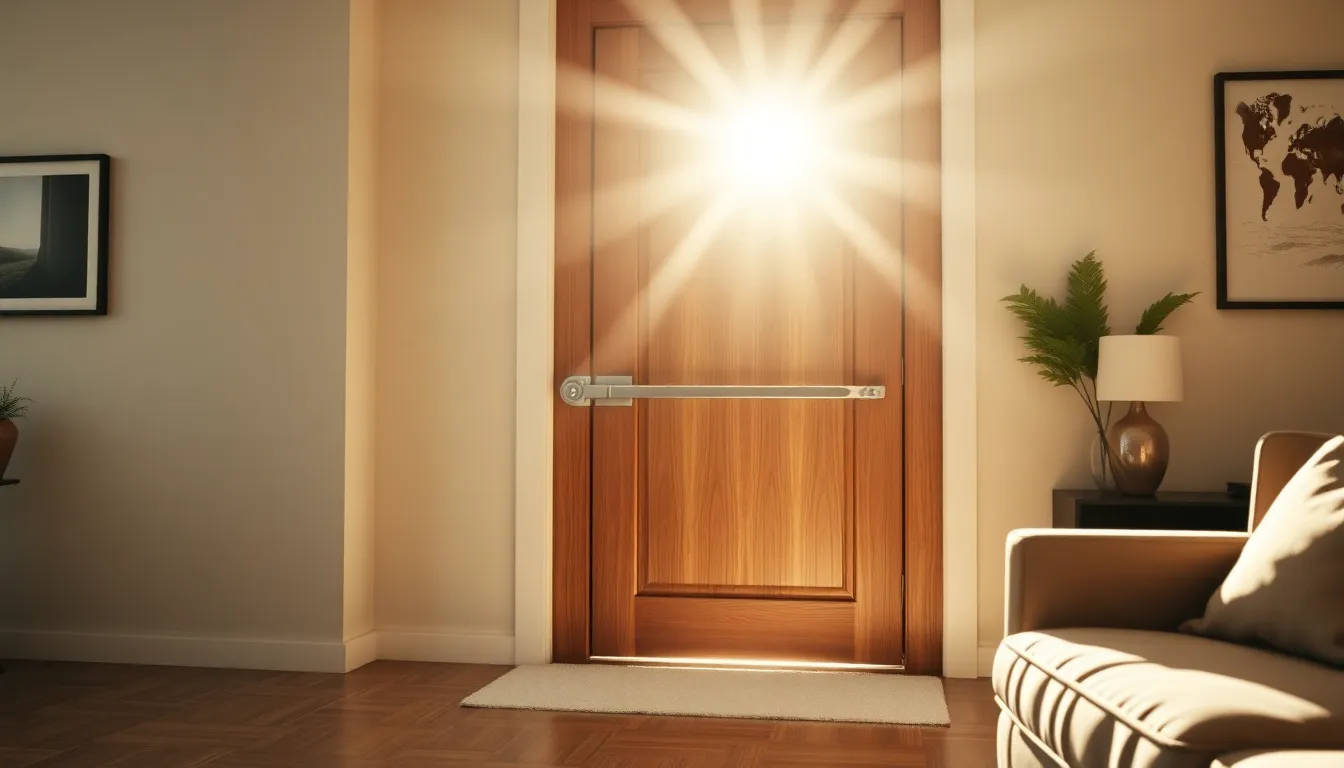 Brinks door security bar installed in a modern living room.