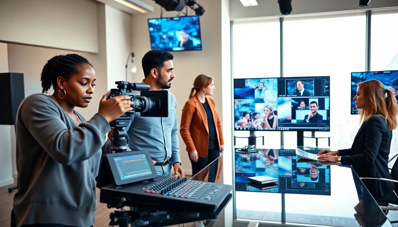 diverse team working with advanced audio and visual technology equipment.