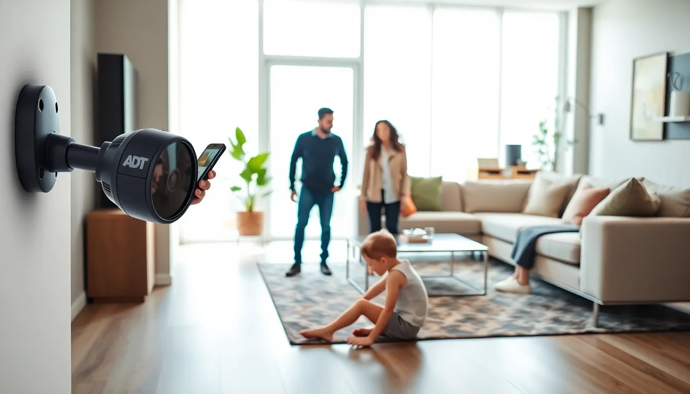modern living room with an ADT security camera and a family.