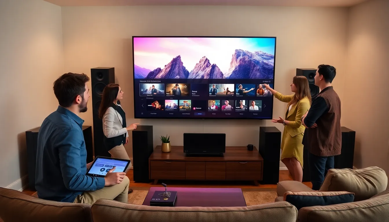 modern home theater with a diverse group discussing audio video technology