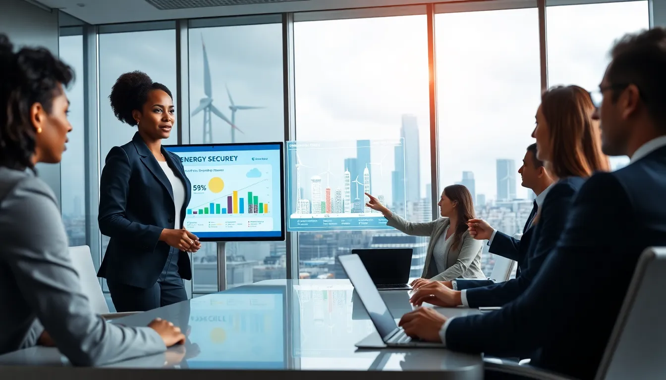 diverse professionals discussing energy security in a modern office.