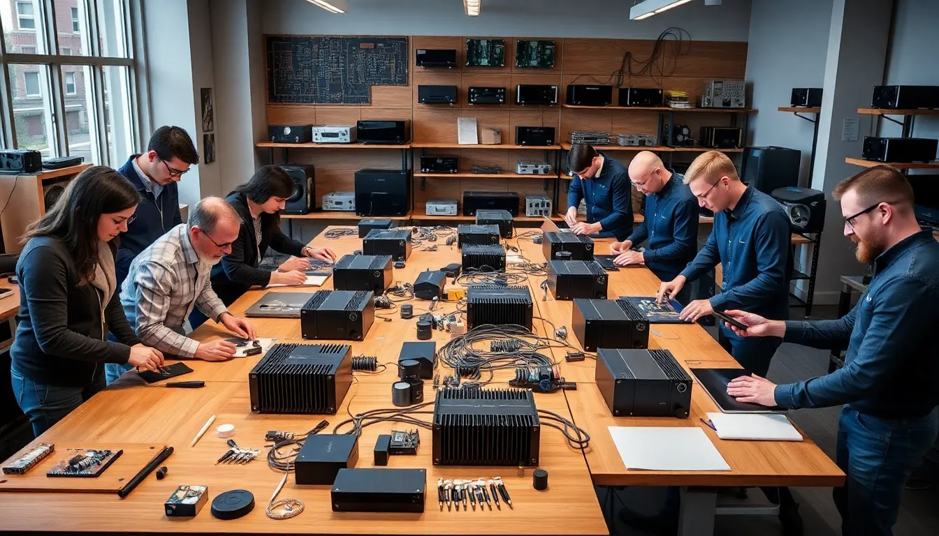 technicians collaborating in a modern audio workshop.