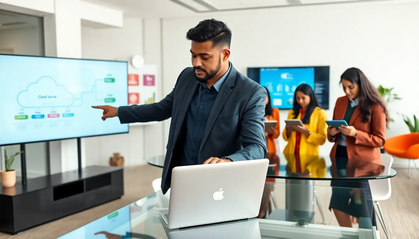 diverse team collaborating on cloud computing in a modern office.