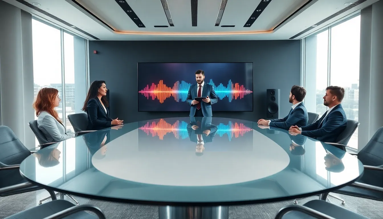 diverse professionals in a modern conference room using audio visual technology.