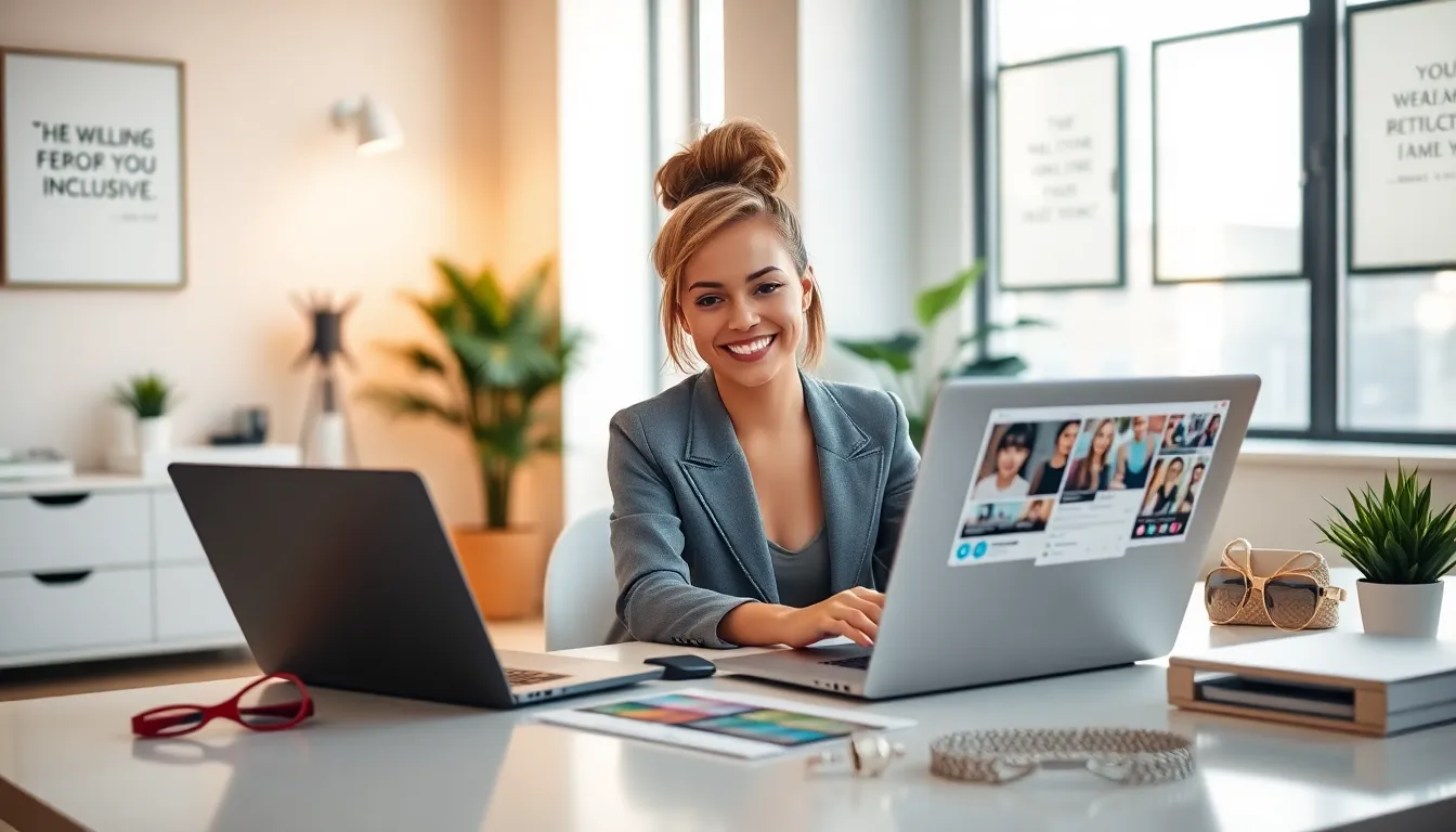 young woman creating social media content in a modern office.